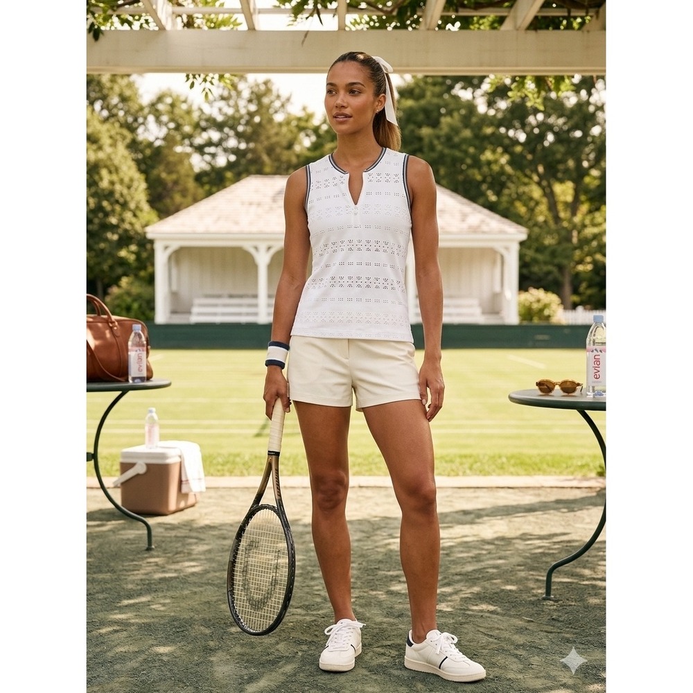 L'Etoile Sport White Eyelet Quarter Zip Tennis Tank Top Ribbed Sleeveless M